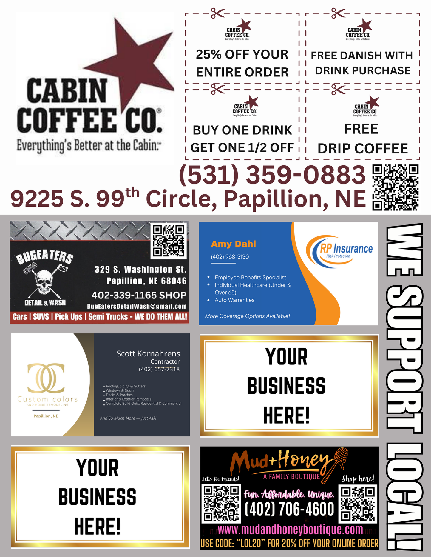 Support Local Coupon Flyer Ad Space- Cabin Coffee