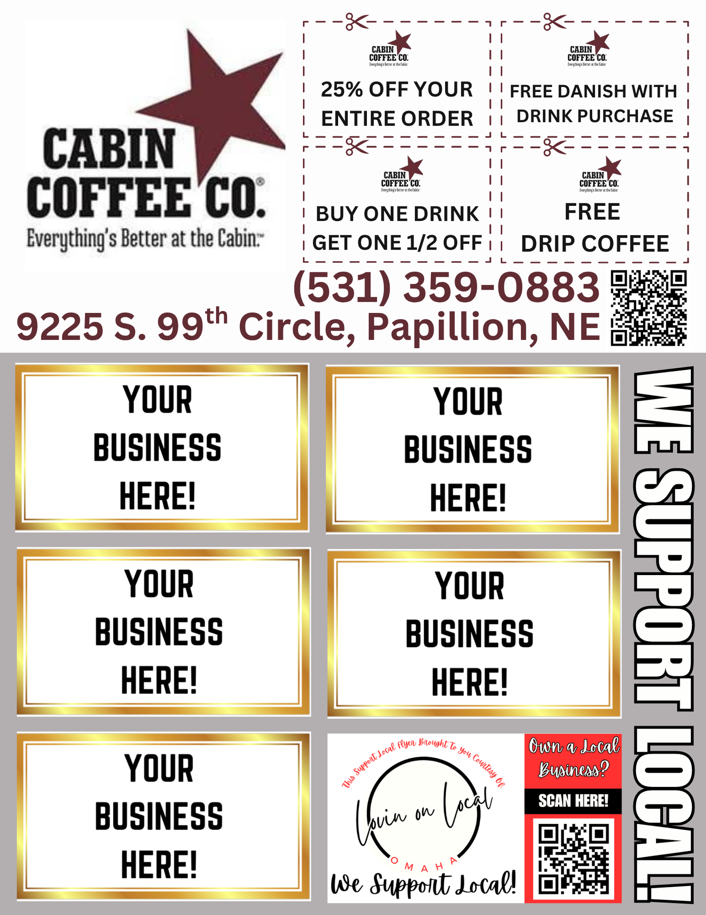Support Local Coupon Flyer Ad Space- Cabin Coffee