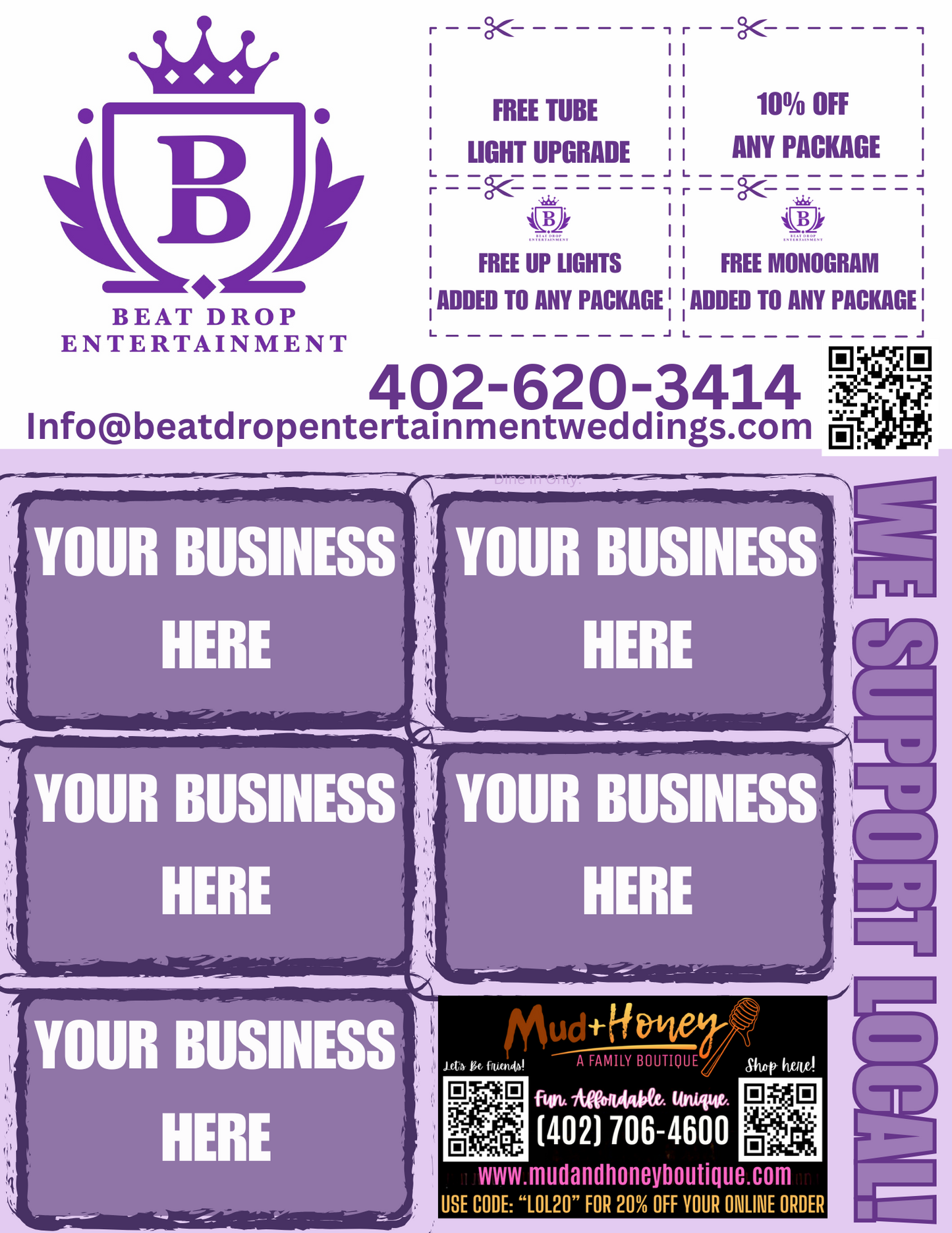 Support Local Coupon Flyer Ad Space- Beat Drop Entertainment Wedding DJ