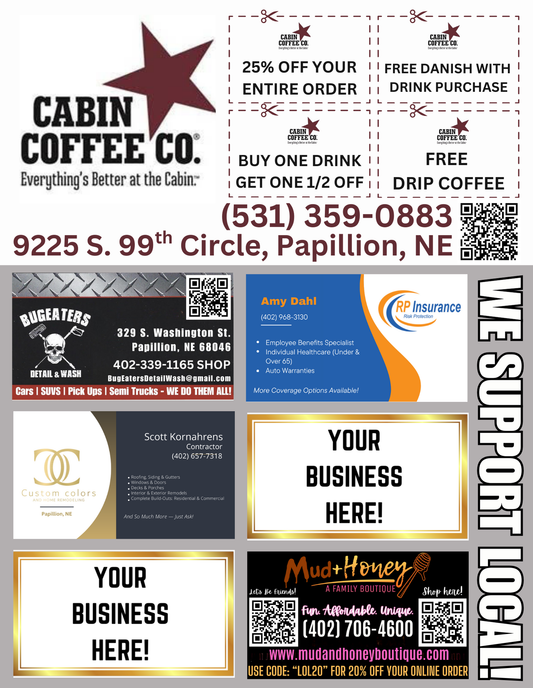 Support Local Coupon Flyer Ad Space- Cabin Coffee