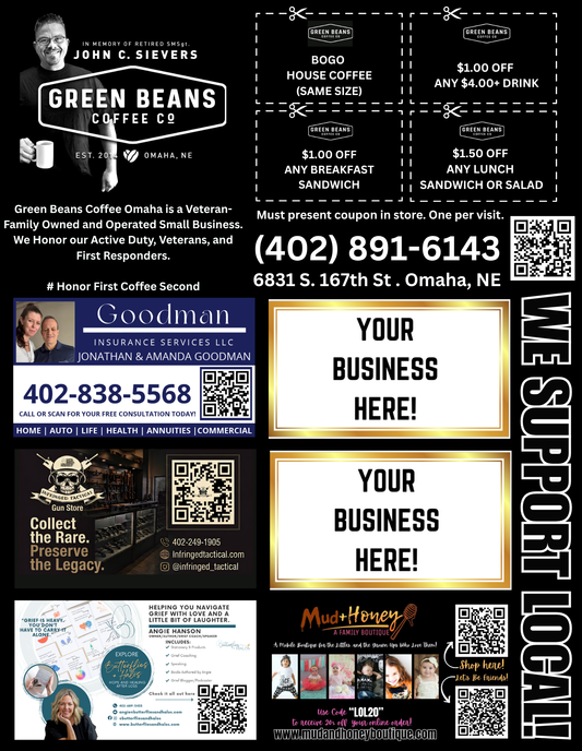 Support Local Coupon Flyer Ad Space- Green Beans Coffee