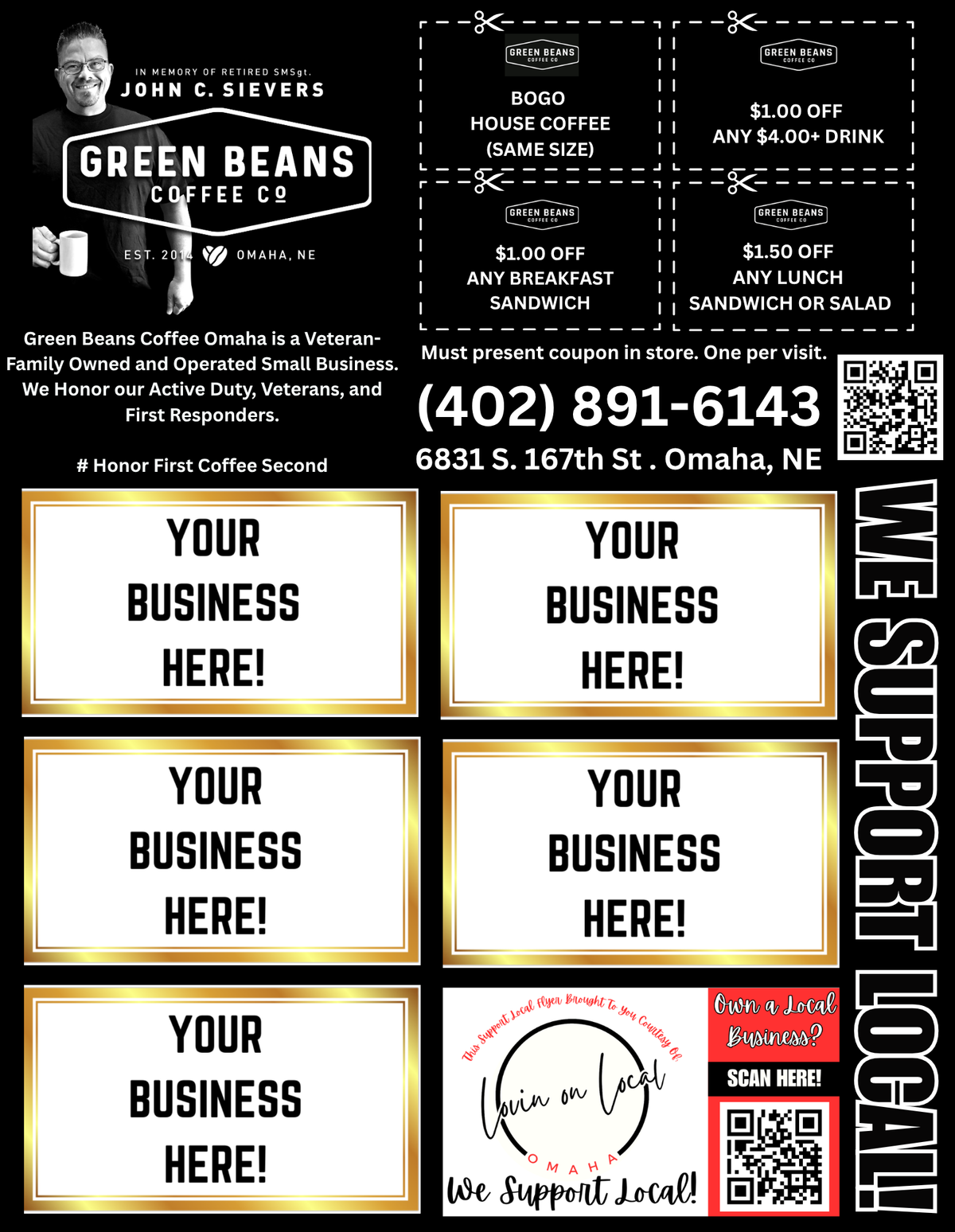 Support Local Coupon Flyer Ad Space- Green Beans Coffee