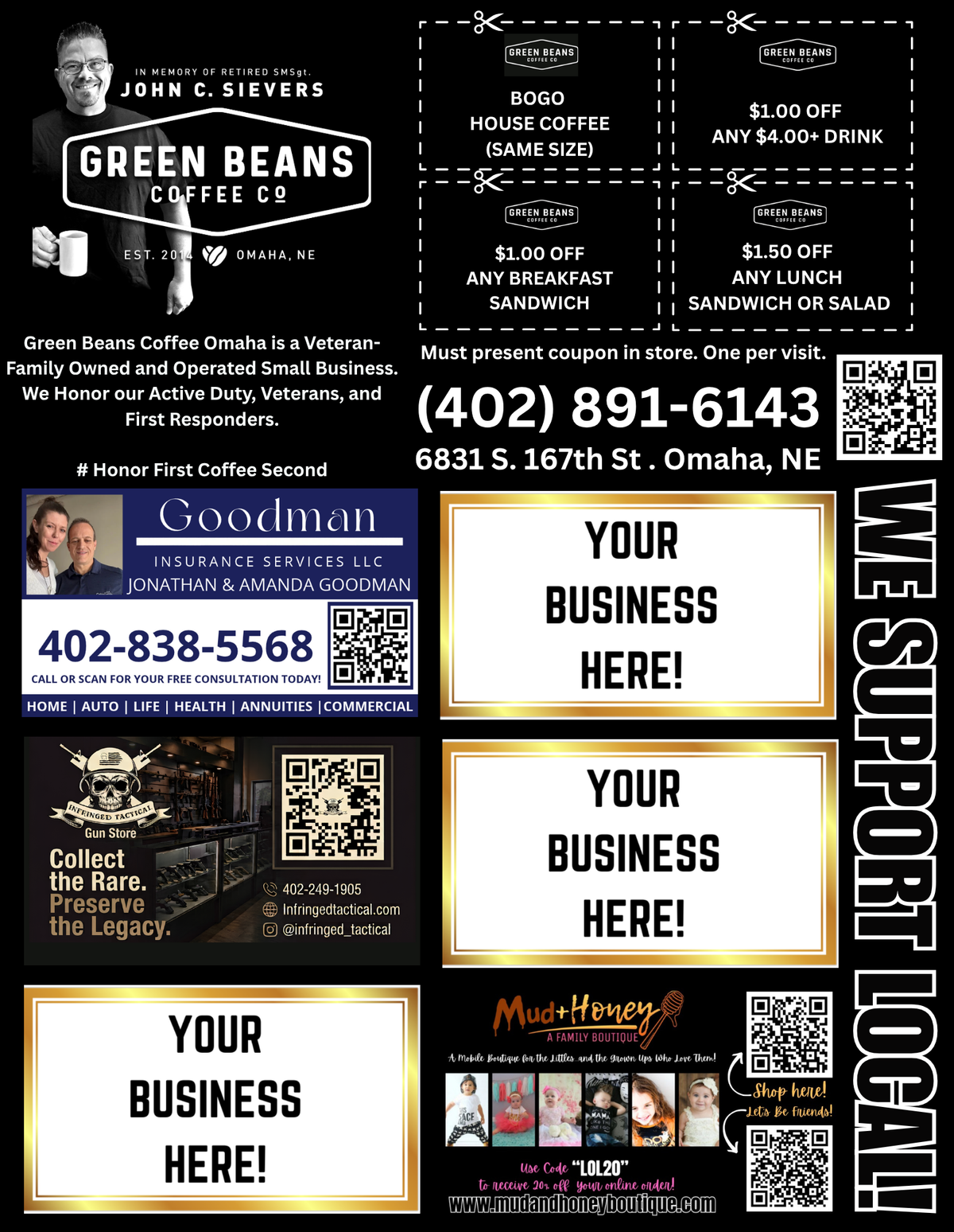 Support Local Coupon Flyer Ad Space- Green Beans Coffee