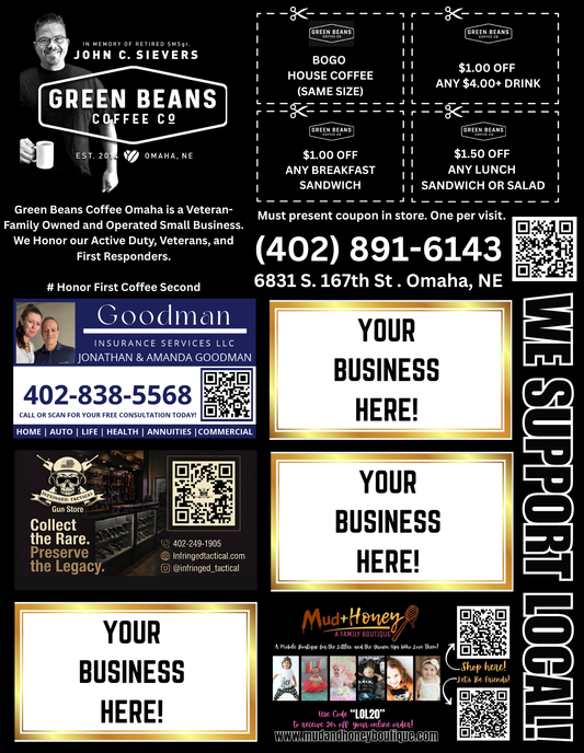 Support Local Coupon Flyer Ad Space- Green Beans Coffee
