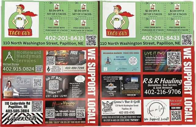 The Papillion Taco Guy Support Local Board and Flyers