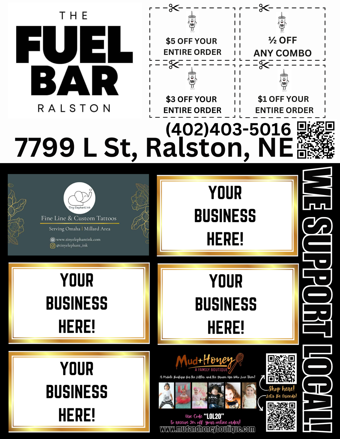 Support Local Coupon Flyer Ad Space- The Fuel Bar Ralston